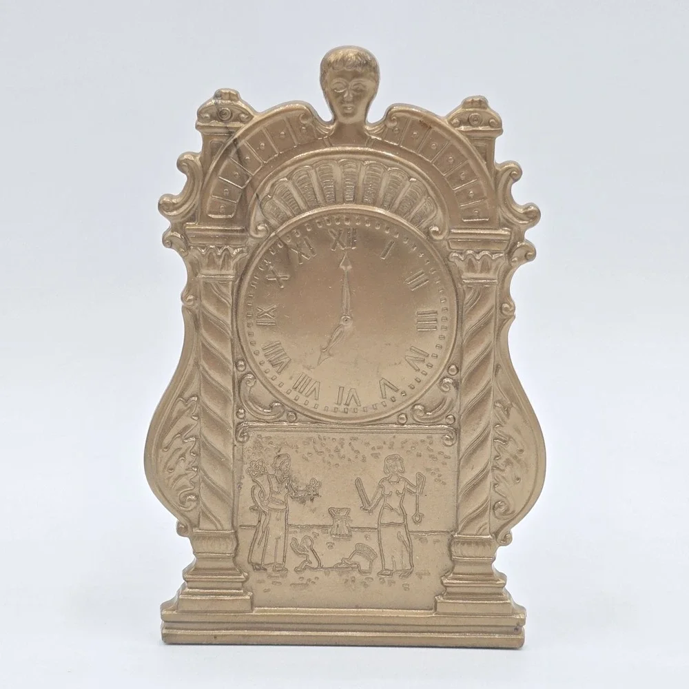 Vintage Souvenir Salt and Pepper Shakers Roman Style Mantel Clock Gold Plastic